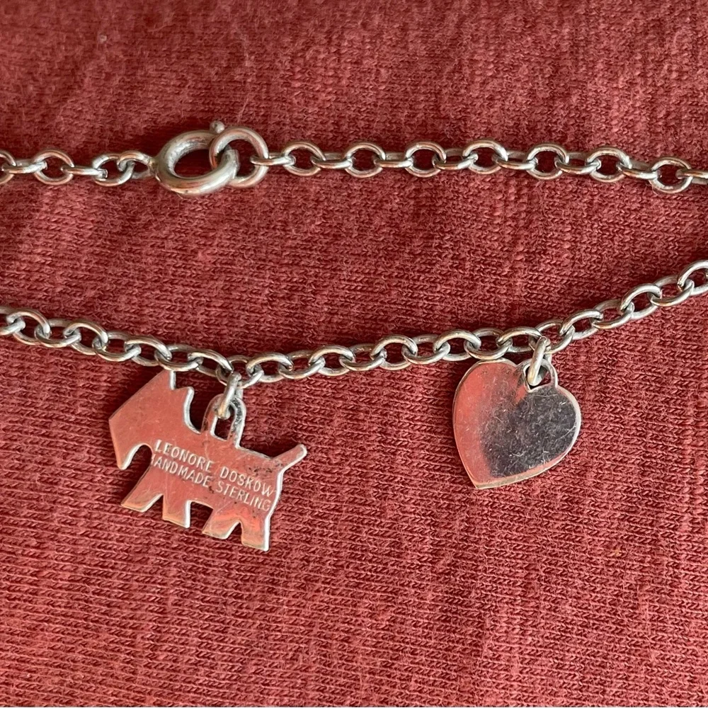 Lenore Doskow Handmade Sterling Silver Antique Charm Bracelet w Animals & Heart!
